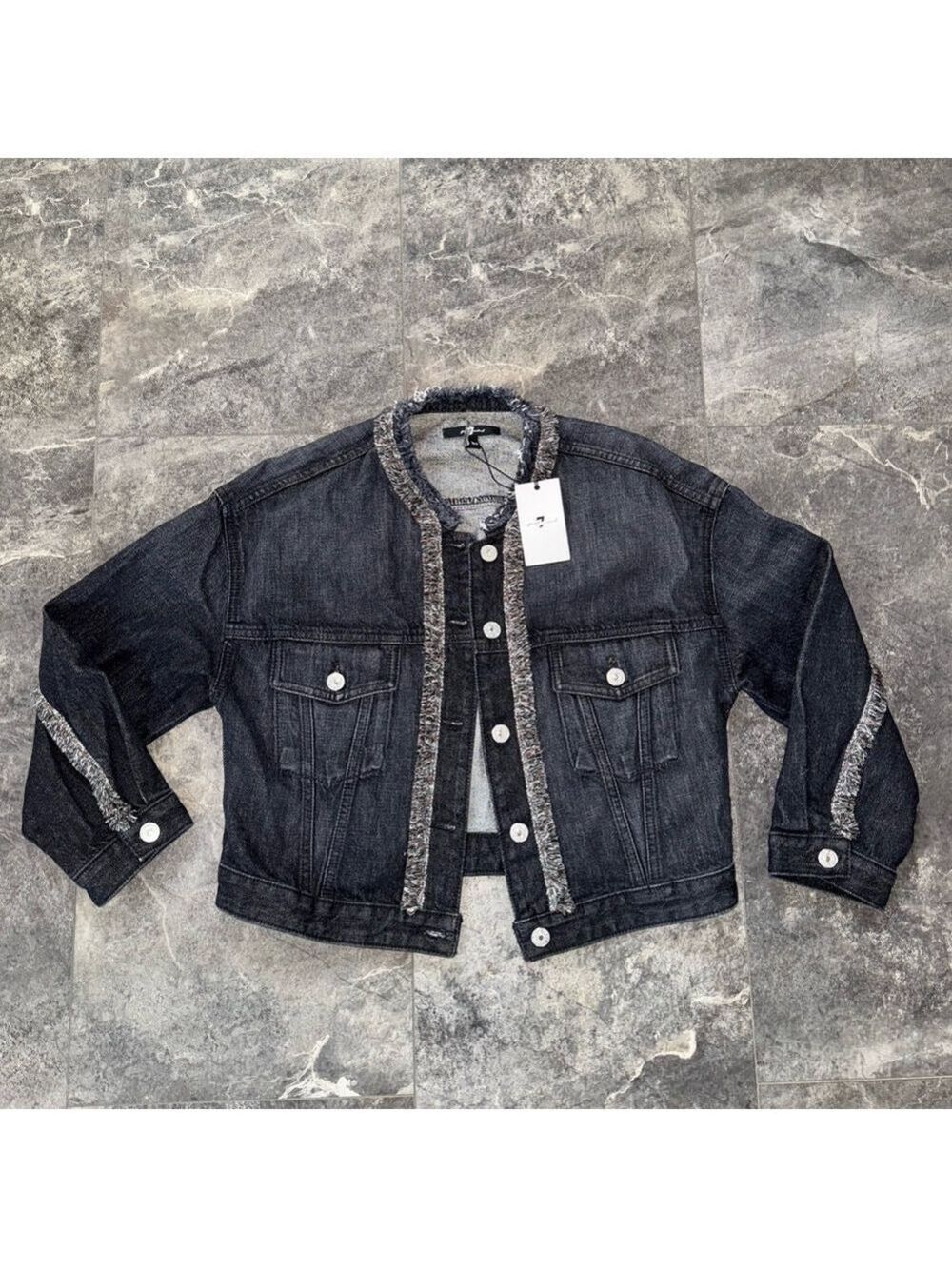 7 For All Mankind Dark Denim Jean Jacket With Fray Neck 100% Cotton Size XS NWT